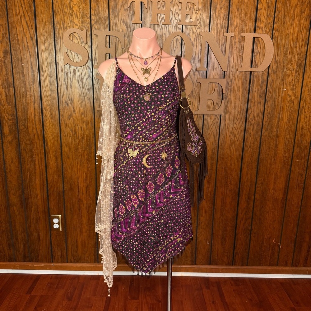 Purple Handkerchief Dress Jodi Kristopher Womens M Beaded Fringe Boho Whimsigoth